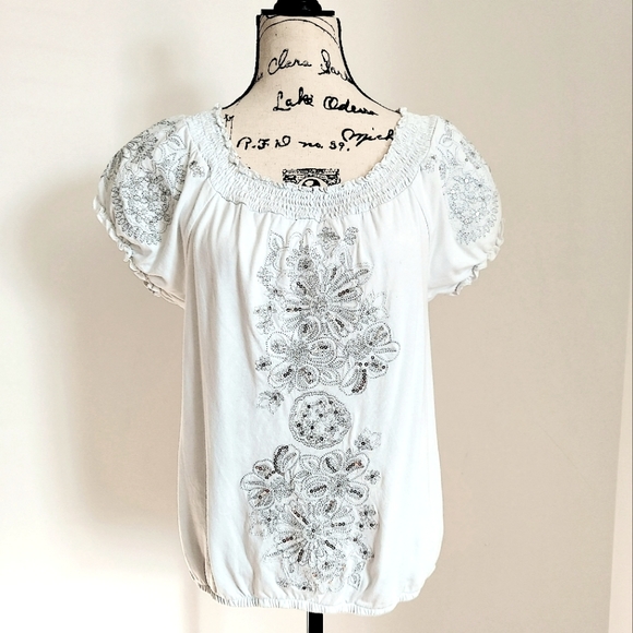 INC Silver White Embellished Tee Top M - Picture 2 of 10